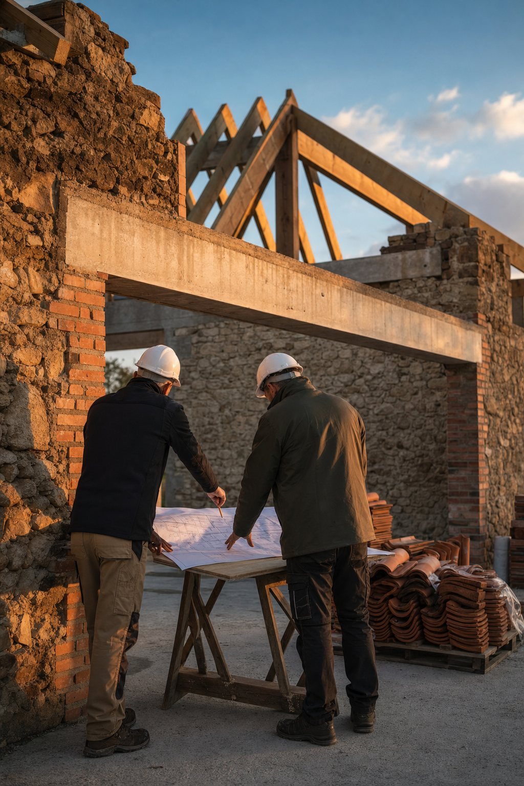 Deux compagnons casqués consultent un plan sur un chantier de rénovation, charpente neuve et tuiles canal en attente