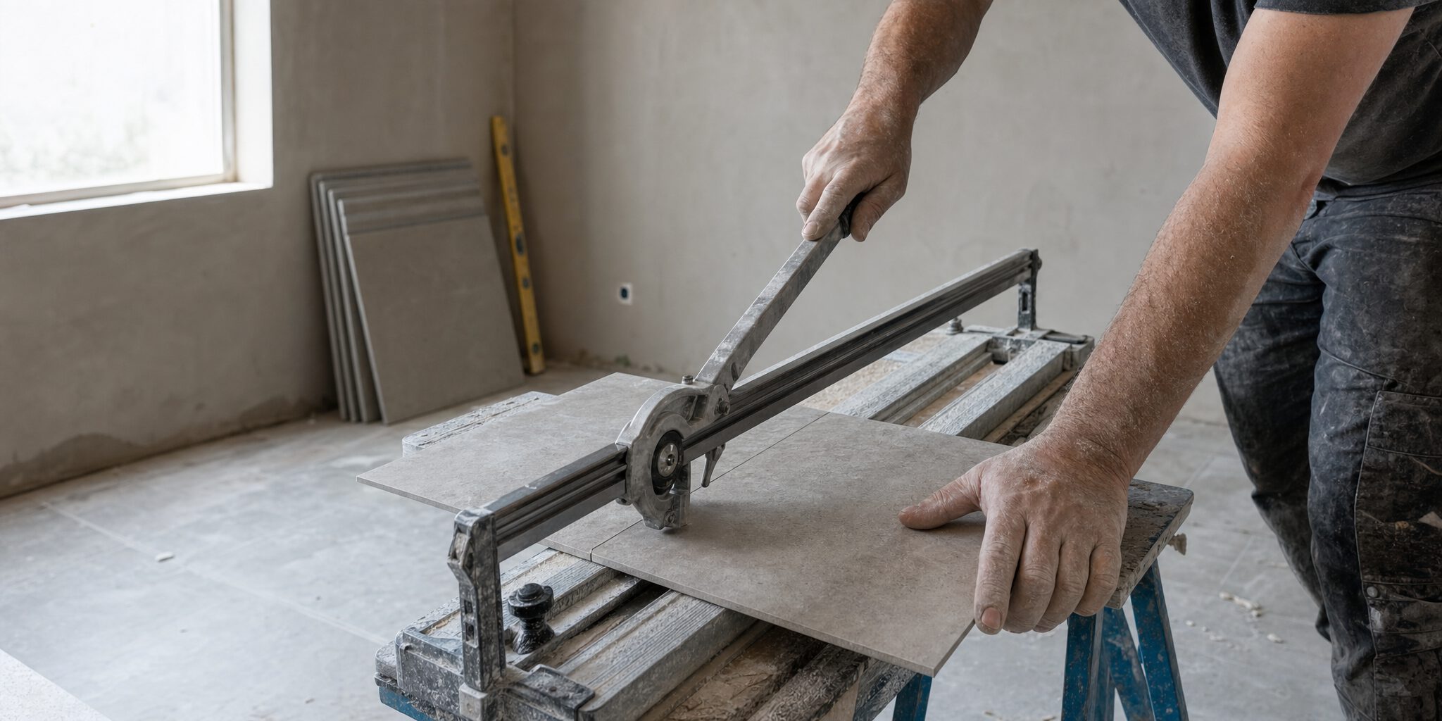 Découpe d'un carreau grand format à la carrelette