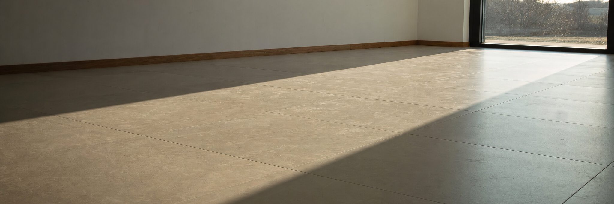 Sol carrelé grand format terminé, joints fins révélés par la lumière rasante