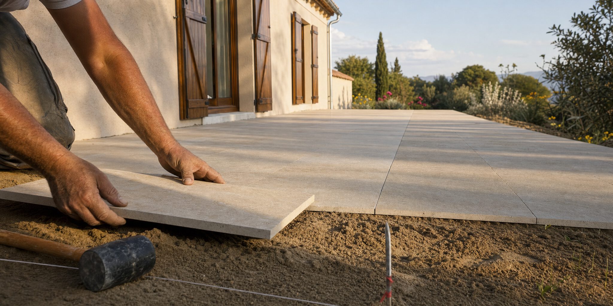 Pose de dalles grand format sur une terrasse extérieure