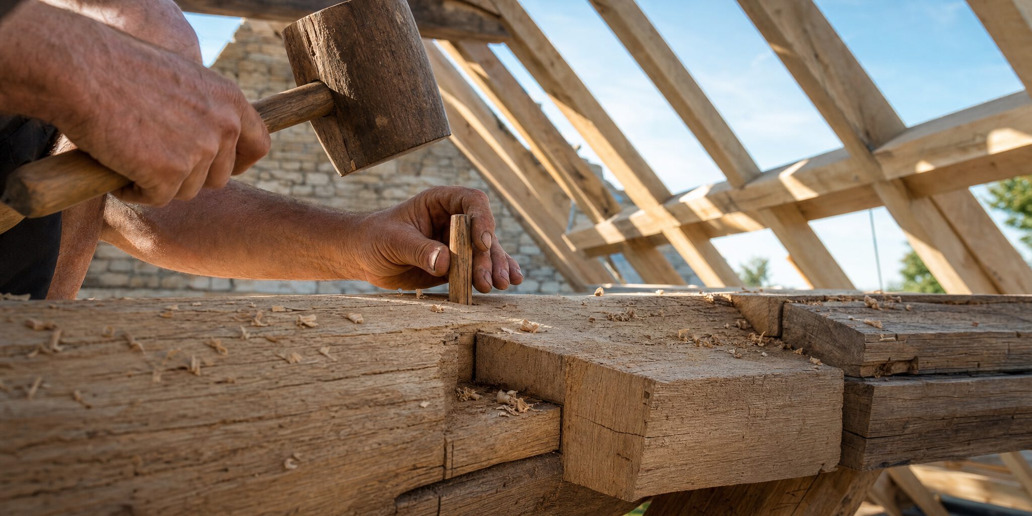 Assemblage tenon-mortaise chevillé au maillet