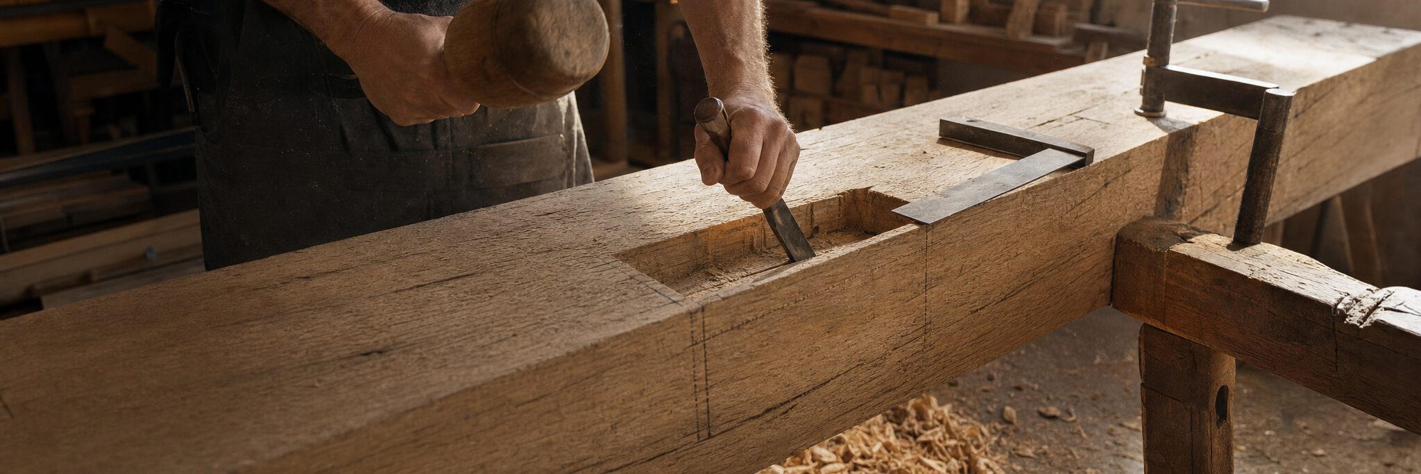 Taille d'une mortaise au ciseau à bois sur une poutre de chêne, en atelier