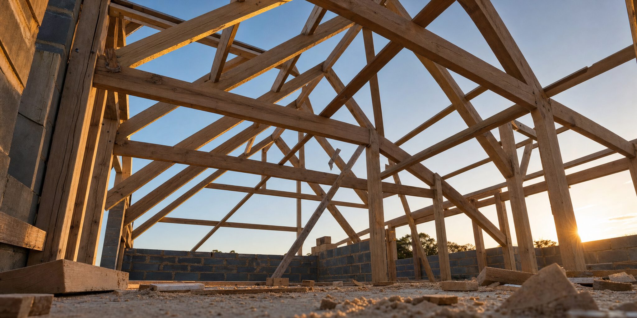 Charpente neuve en chêne montée sur une construction, fermes et pannes en place