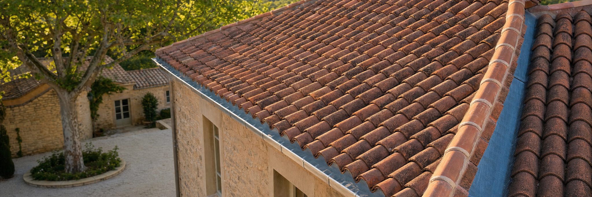 Toiture en tuiles canal achevée sur une maison en pierre