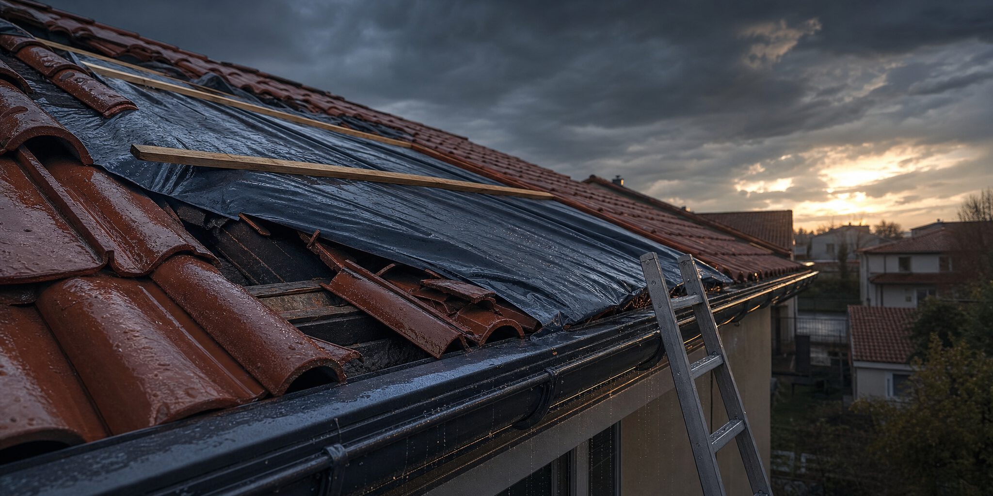 Toiture bâchée en urgence après un orage, tuiles cassées