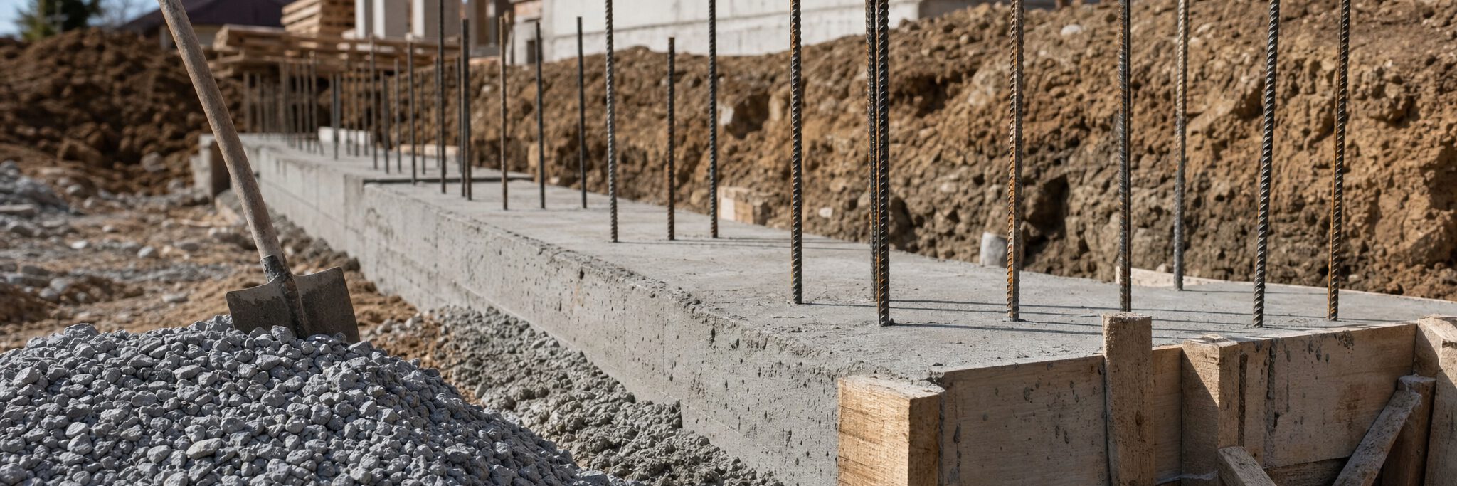 Semelle de fondation ferraillée, coffrage encore en place