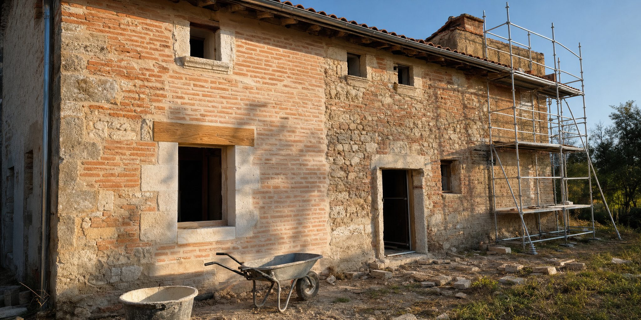 Façade de ferme en brique foraine et pierre en cours de rénovation