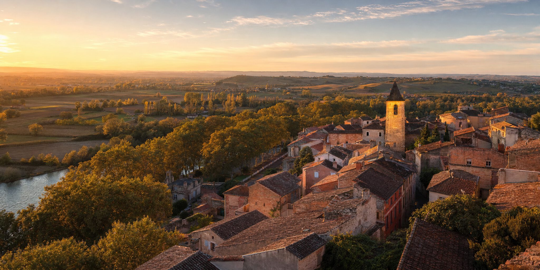Village du Tarn-et-Garonne en brique foraine et tuiles canal, au couchant
